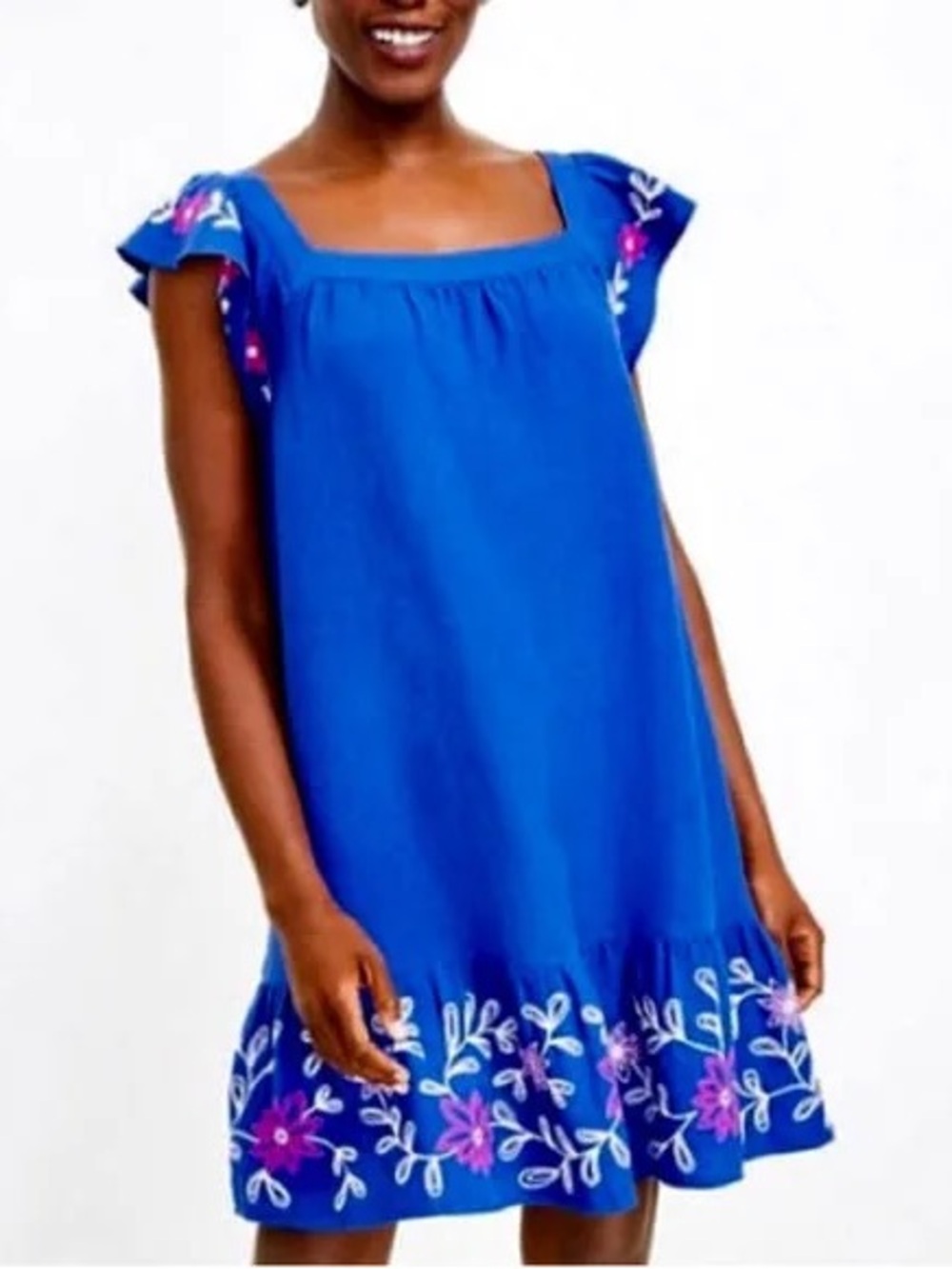 LOFT Embroidered Linen Blend Flutter Sleeve Flounce Mini Dress Blue Pink